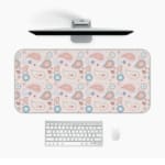 Infidu Boho Pattern Desk Mat with light pink background and paisley pattern in darker pink and blue circular designs. Desk Pad in computer table