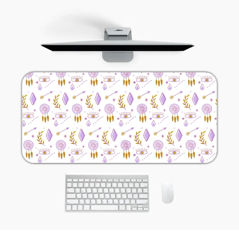 Infidu Boho Pattern Desk Mat with white background and pastel pink and purple dreamcatchers, feathers, and leaf shapes. Desk Pad in computer table