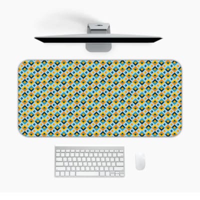 Infidu Geometric Pattern Art Desk Pad with a small, repeating pattern of blue and yellow shapes for a lively and playful look. Desk Mat with a Computer