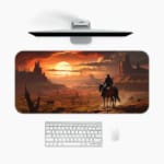 Rider on horseback in a desert with towering rock formations and a warm, colorful sunset sky. A desk pad under the computer