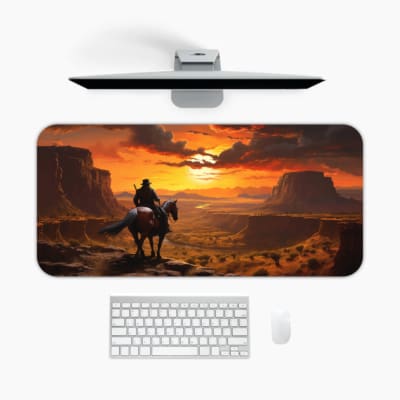 Horse rider in scenic desert sunset with large rock formations and warm sunset colors on a desk pad. A desk pad under the computer