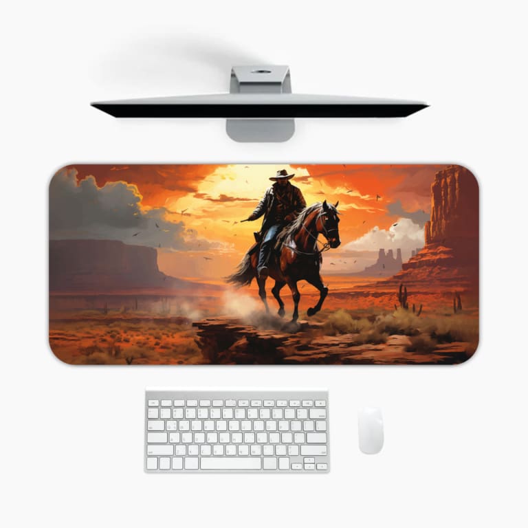 Desk pad with a horse rider against a vivid orange sunset and reddish-brown desert landscape, with dark cliffs and horse in contrasting colors. A desk pad under the computer