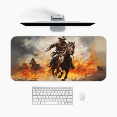 Desk pad with a rider on a brown horse amidst a fiery background with orange and yellow flames. A desk pad under the computer