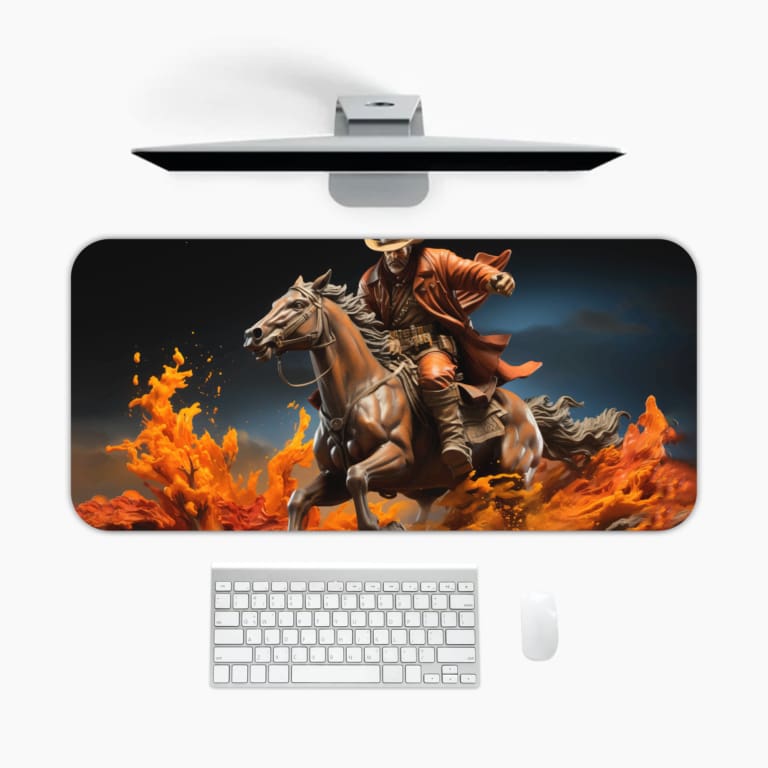 Dynamic desk pad featuring a fiery horse rider in action with vivid flames and a dark background. A desk pad under the computer