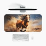 Dynamic brown horse galloping with flowing mane against a blue sky background. A desk pad under the computer