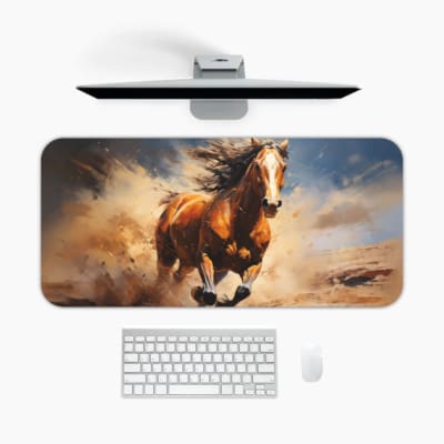 Dynamic brown horse galloping with flowing mane against a blue sky background. A desk pad under the computer