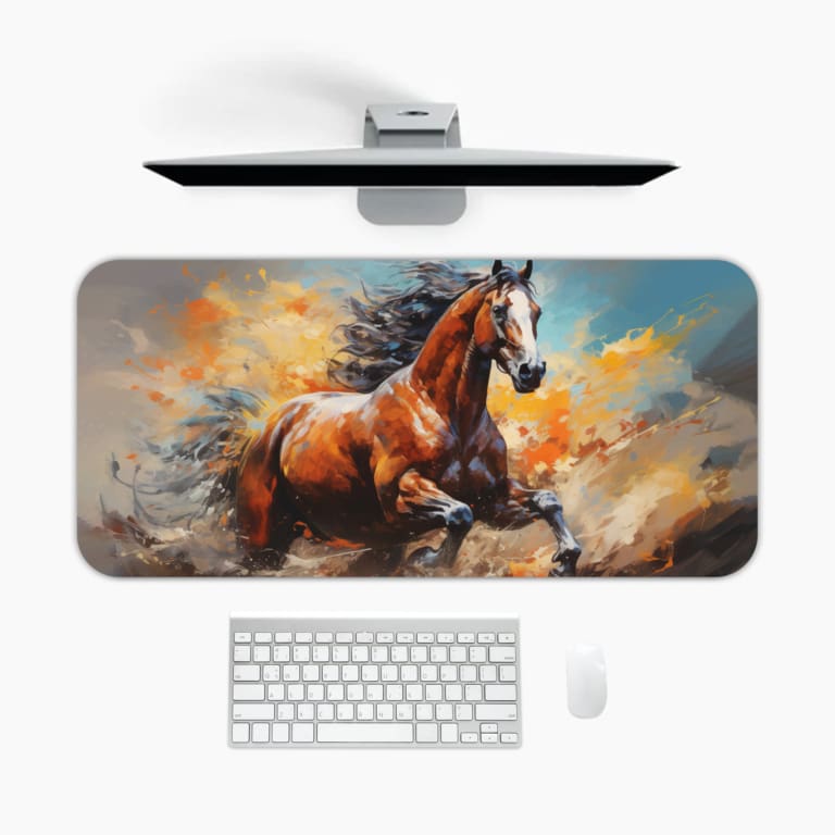 Majestic horse galloping with flowing mane and tail on a colorful abstract background of oranges and blues. A desk pad under the computer