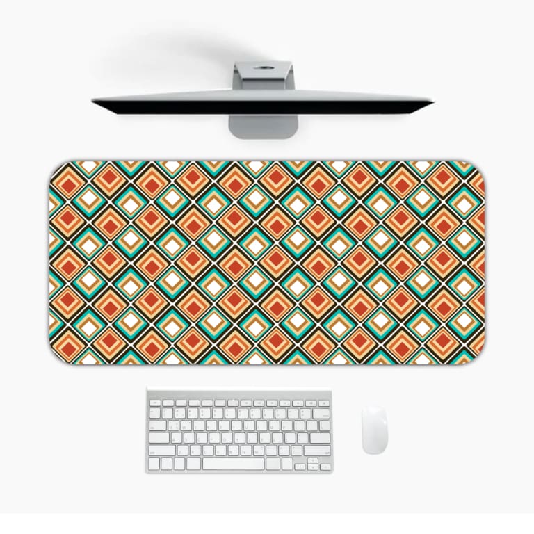 Infidu Geometric Pattern Art Desk Pad with a retro diamond-shaped pattern in orange and teal for a stylish and symmetrical workspace. Desk Mat with a Computer