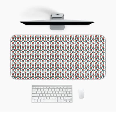 Infidu Geometric Floral Desk Pad with red and white teardrop shapes on a light background for a modern, contemporary look. Desk Pad in computer table