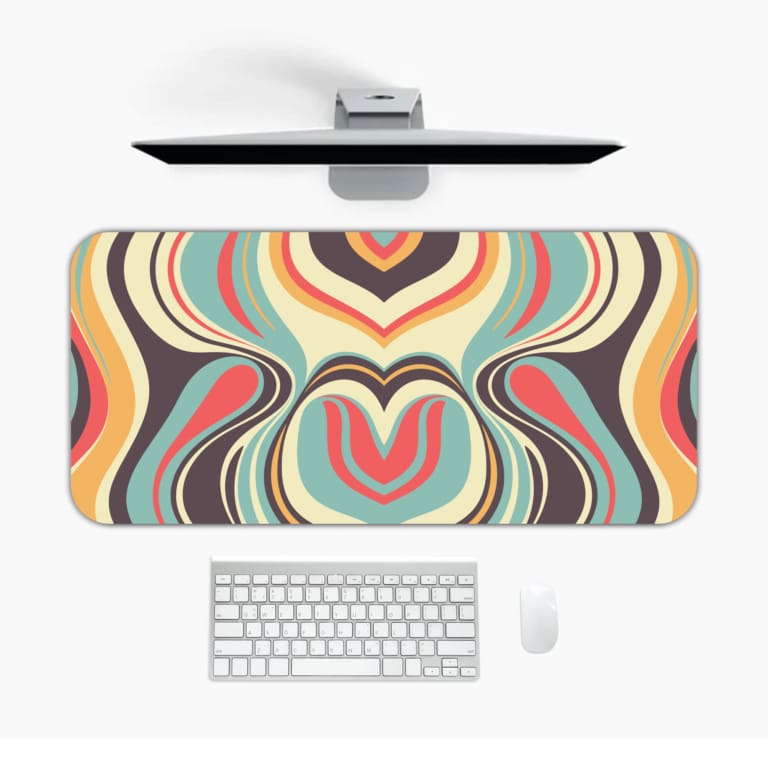 Infidu Geometric Pattern Art Desk Pad with swirling, pastel wave patterns in yellow, green, pink, and blue. Desk Pad in computer table