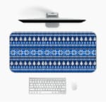 Infidu Knitted Pattern Desk Pad with white background and dark blue snowflakes and geometric shapes. Desk Pad in computer table