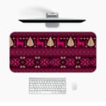 Infidu Desk Pad with a deep purple background and bright pink and white knitted pattern featuring reindeer and trees. Desk Mat with a Computer