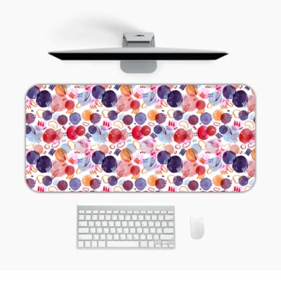 Infidu Desk Pad with colorful watercolor-like dots in shades of purple, red, and pink, creating a bright and artistic design. Desk Pad in computer table