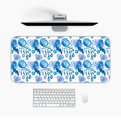 Infidu Desk Pad with blue raindrop or leaf-like brush stroke patterns on a white background, creating a calm and refreshing design. Desk Pad in computer table