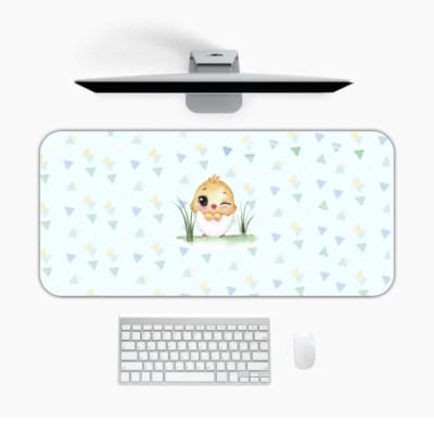 Infidu Just Born Chick Desk Mat with a white background and gray triangle design in a comic-style. Desk Pad kept on a plain white background