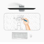 Infidu Line Art Desk Pad with a white background and light gray pencil drawings, including a hand drawing of a cartoon boy. Desk Mat with a Computer