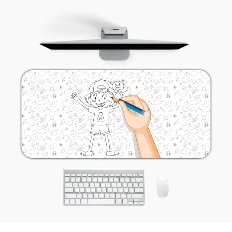 Infidu Line Art Desk Pad with a white background and light gray pencil drawings, including a hand drawing of a cartoon boy. Desk Mat with a Computer