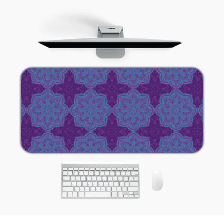 Infidu Desk Pad with a deep purple background and light blue floral or snowflake pattern, adding elegance and style to your workspace. Desk Pad in computer table