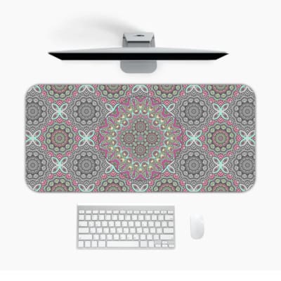 Infidu Desk Pad with geometric and floral pattern on gray background, featuring pink, green, and white accents for a modern look. Desk Pad in computer table