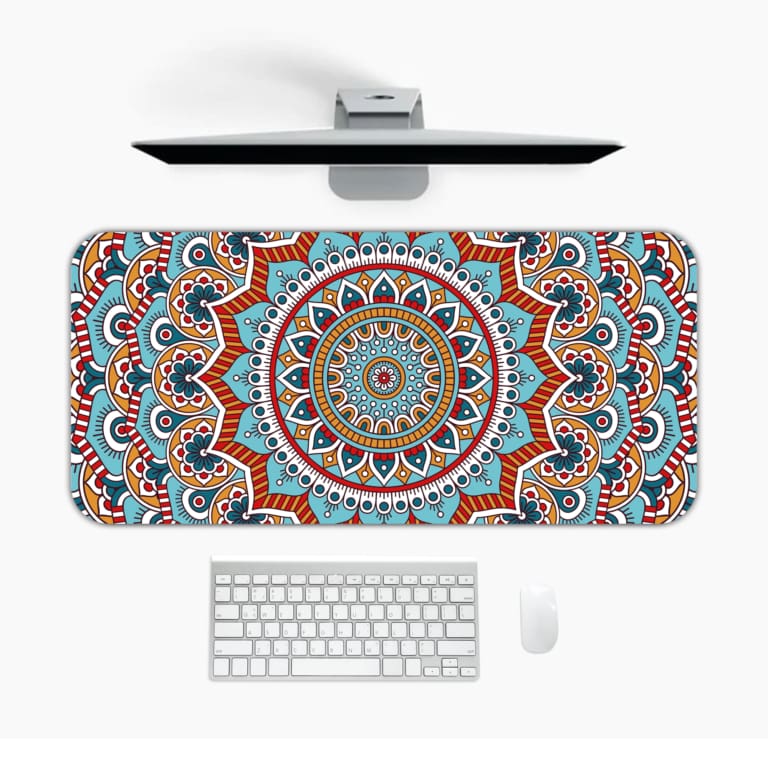 Infidu Desk Pad featuring intricate mandala design with blue background and vibrant orange, red, and white details. Desk Pad in computer table