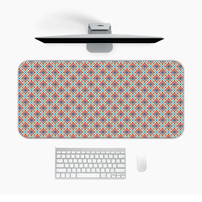 Infidu Desk Pad has a vibrant geometric diamond pattern and a colorful red, blue, and white background. Desk Mat with a Computer