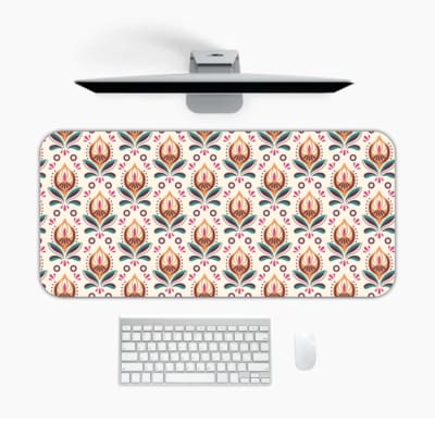 Infidu Desk Pad with beige floral pattern for a stylish workspace. Desk Mat with an Apple Computer