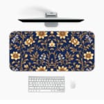 Navy blue desk mat with a golden floral pattern featuring stylized flowers and stems, adding elegance to your workspace. Desk Mat with a computer