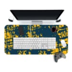 Infidu Vector Pattern Desk Pad with yellow grid-like lines on a deep teal background, ideal for modern workspaces. Desk Mat with a laptop