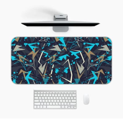 Infidu Vector Pattern Desk Pad featuring light blue and white arrow shapes on a dark gray or black background, ideal for modern workspaces. Desk Pad kept on a plain white background