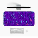 Infidu Vector Pattern Desk Pad with a swirling fluid pattern in purple and light blue on a deep purple background. Desk Pad Design Kept on a computer table