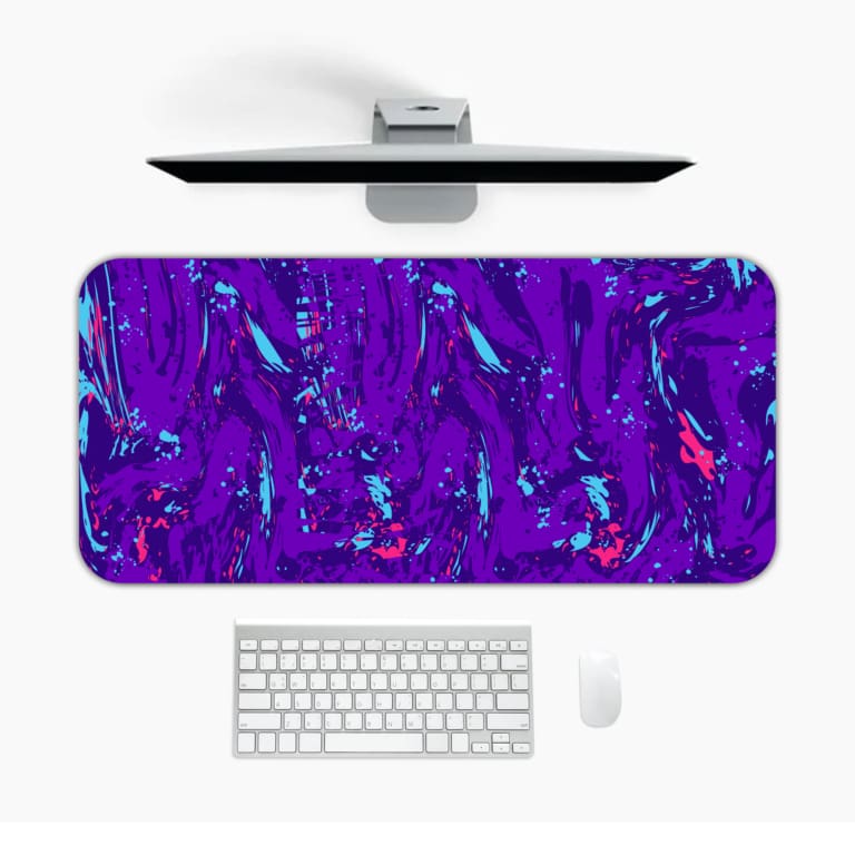 Infidu Vector Pattern Desk Pad with a swirling fluid pattern in purple and light blue on a deep purple background. Desk Pad Design Kept on a computer table