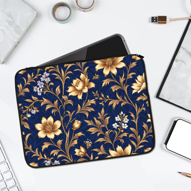 Laptop Sleeve - Floral Pattern Golden Color Floral With Dark Blue Background 01