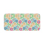 White desk mat with a colorful floral pattern featuring pink, orange, blue, and green flowers, designed for a unique workspace touch. Desk Pad kept on a plain white background