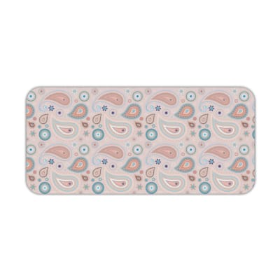 Infidu Boho Pattern Desk Mat with light pink background and paisley pattern in darker pink and blue circular designs. Desk Pad kept on a plain white background