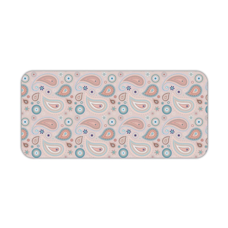 Infidu Boho Pattern Desk Mat with light pink background and paisley pattern in darker pink and blue circular designs. Desk Pad kept on a plain white background