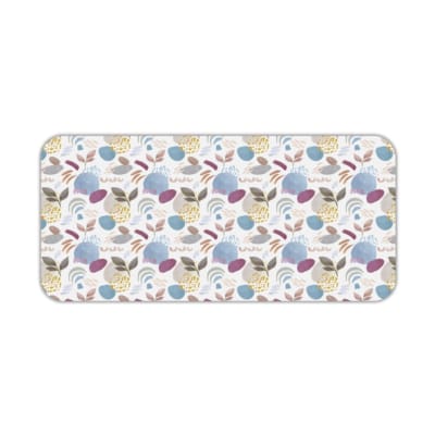 Infidu Painting Style Boho Desk Mat with white background and blue, purple, and brown leaf-like shapes and circles. Desk Pad kept on a plain white background