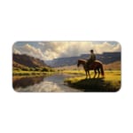 Infidu Horse Rider Desk Pad with a natural landscape showing a person on horseback against mountains, a river, and grassy fields. Desk Pad kept on a plain white background