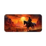 Desk pad featuring a horse rider against a vivid desert sunset with warm colors and rugged rock formations. Desk Pad kept on a plain white background