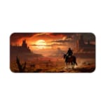 Rider on horseback in a desert with towering rock formations and a warm, colorful sunset sky. Desk Pad kept on a plain white background