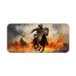 Desk pad with a rider on a brown horse amidst a fiery background with orange and yellow flames. Desk Pad kept on a plain white background