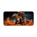 Dynamic desk pad featuring a fiery horse rider in action with vivid flames and a dark background. Desk Pad kept on a plain white background