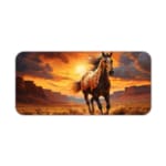 Running horse at sunset desk pad with a light brown horse in a desert landscape, dramatic sunset sky, and flowing mane. Desk Pad kept on a plain white background