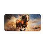 Dynamic brown horse galloping with flowing mane against a blue sky background. Desk Pad kept on a plain white background