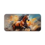 Majestic horse galloping with flowing mane and tail on a colorful abstract background of oranges and blues. Desk Pad kept on a plain white background