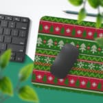 Infidu Knitted Pattern Desk Pad with green background, Christmas trees, snowflakes, and red stripes for a festive holiday feel. Desk Pad with Keyboard and Mouse