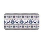 Infidu Desk Pad with white background, featuring blue and yellow reindeer, snowflakes, and geometric shapes in a knitted pattern. Desk Pad kept on a plain white background