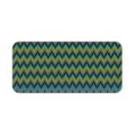 Infidu Desk Pad with a blue background featuring a zigzag knitted pattern in shades of blue, green, and yellow. Desk Pad kept on a plain white background