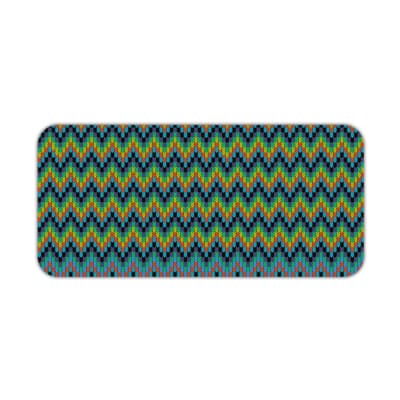 Infidu Desk Pad with a blue background featuring a zigzag knitted pattern in shades of blue, green, and yellow. Desk Pad kept on a plain white background