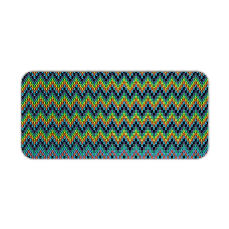 Infidu Desk Pad with a blue background featuring a zigzag knitted pattern in shades of blue, green, and yellow. Desk Pad kept on a plain white background