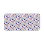 White desk mat with a small, colorful floral pattern featuring purple, pink, and orange flowers with leaves, adding vibrancy to your workspace. Desk Pad kept on a plain white background